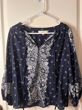 LOFT Navy White Printed Peasant Top
